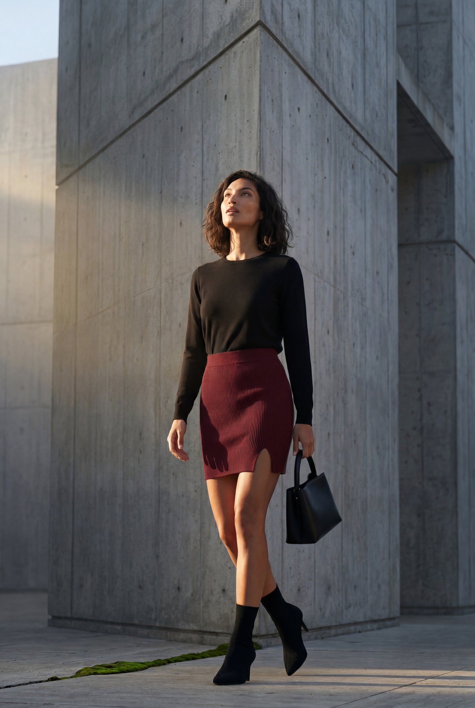 Brown Ribbed High Waist Mini Skirt with Front Slit - Short skirts - Photo 10