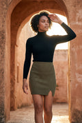 Army Green Ribbed High Waist Mini Skirt with Front Slit - Short skirts - Photo 11