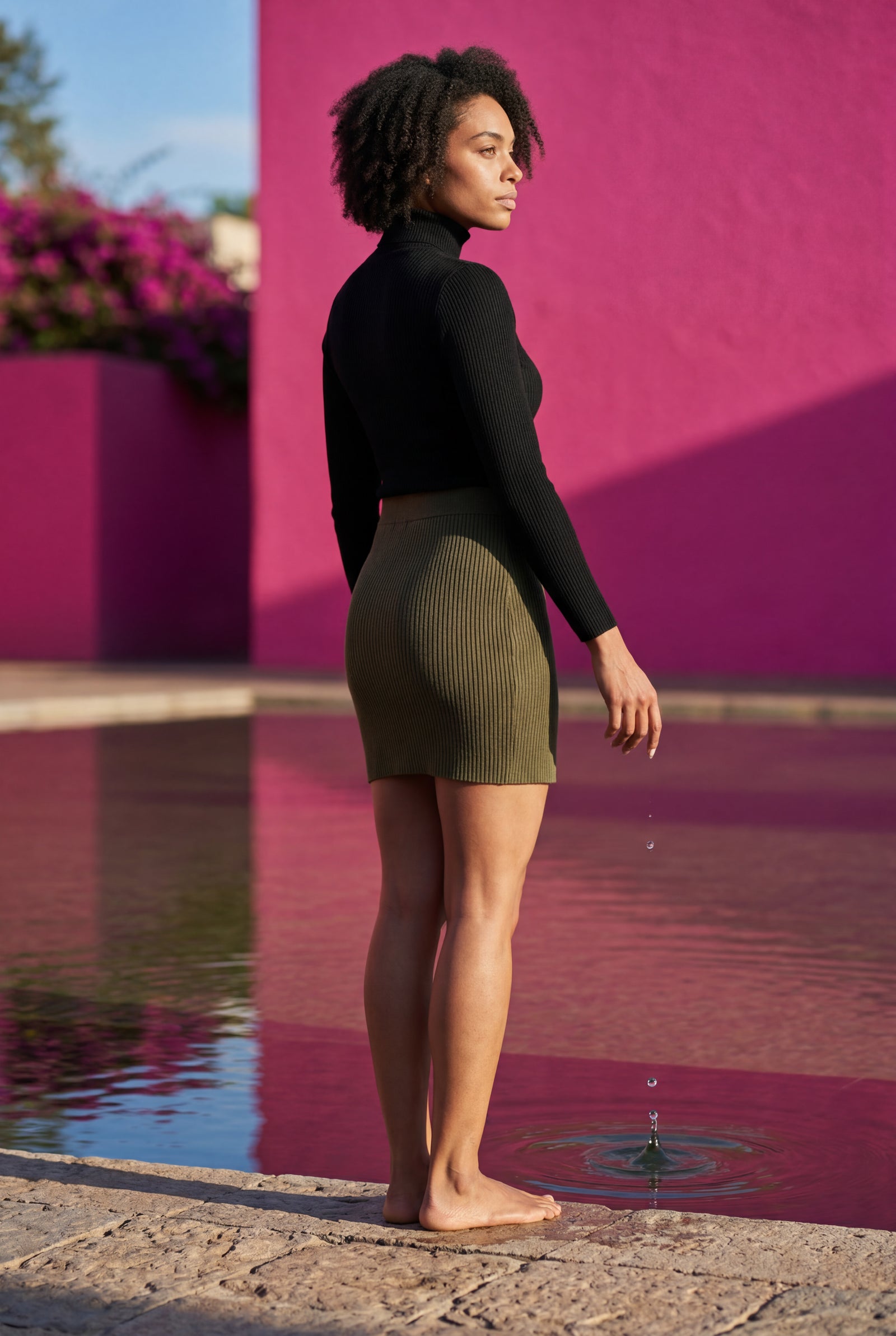 Army Green Ribbed High Waist Mini Skirt with Front Slit - Short skirts - Photo 13