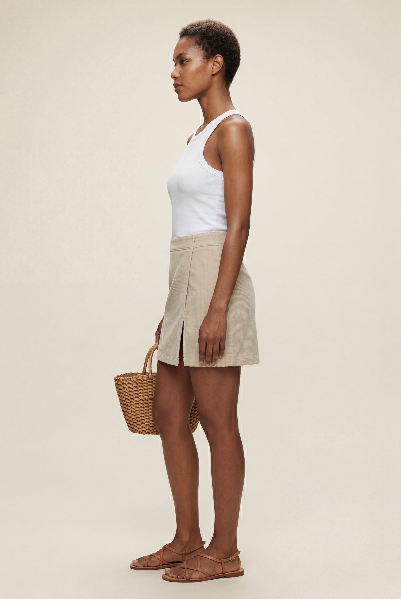 Apricot Ribbed High Waist Mini Skirt with Front Slit - Short skirts - Photo 4