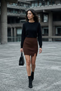 Brown Ribbed High Waist Mini Skirt with Front Slit - Short skirts - Photo 5