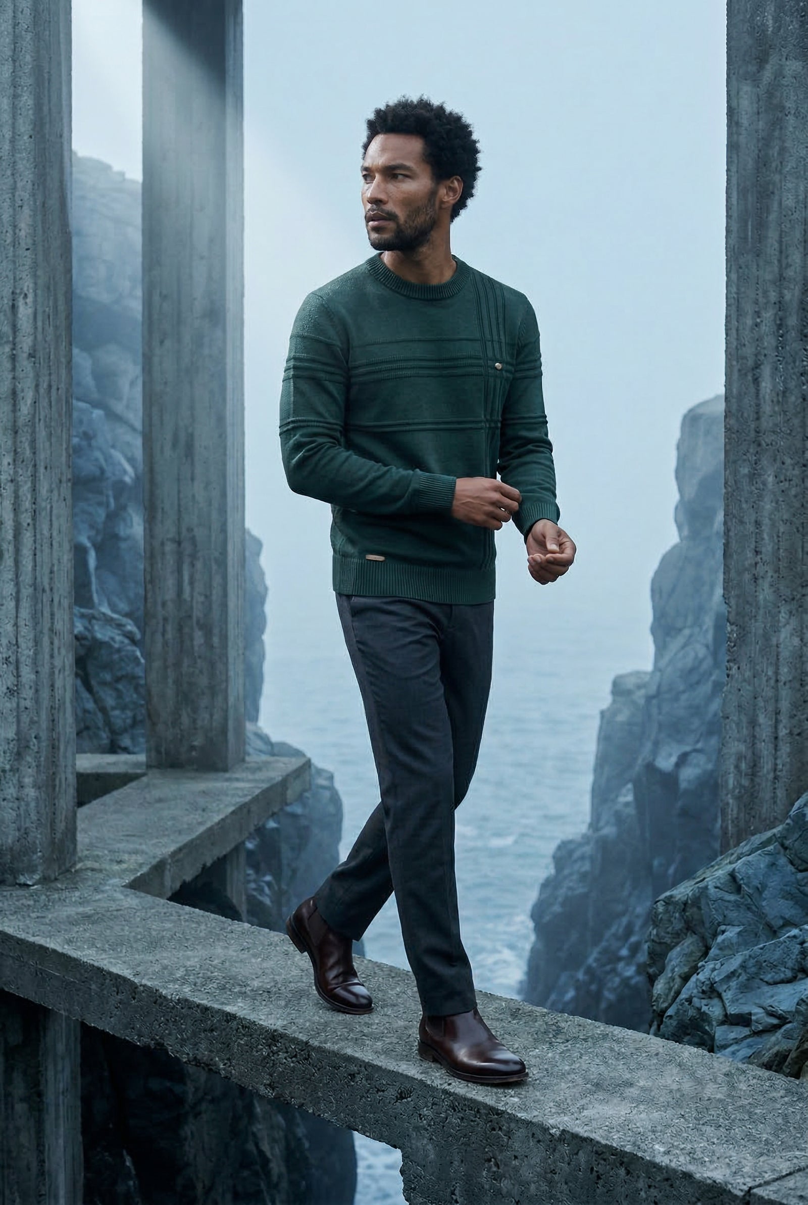 Dark Green Structured Tonal Textured Crewneck Sweater - Structured sweater - Photo 18