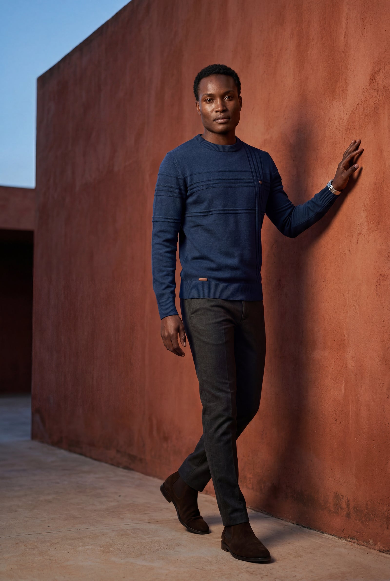 Navy Blue Structured Tonal Textured Crewneck Sweater - Structured sweater - Photo 2