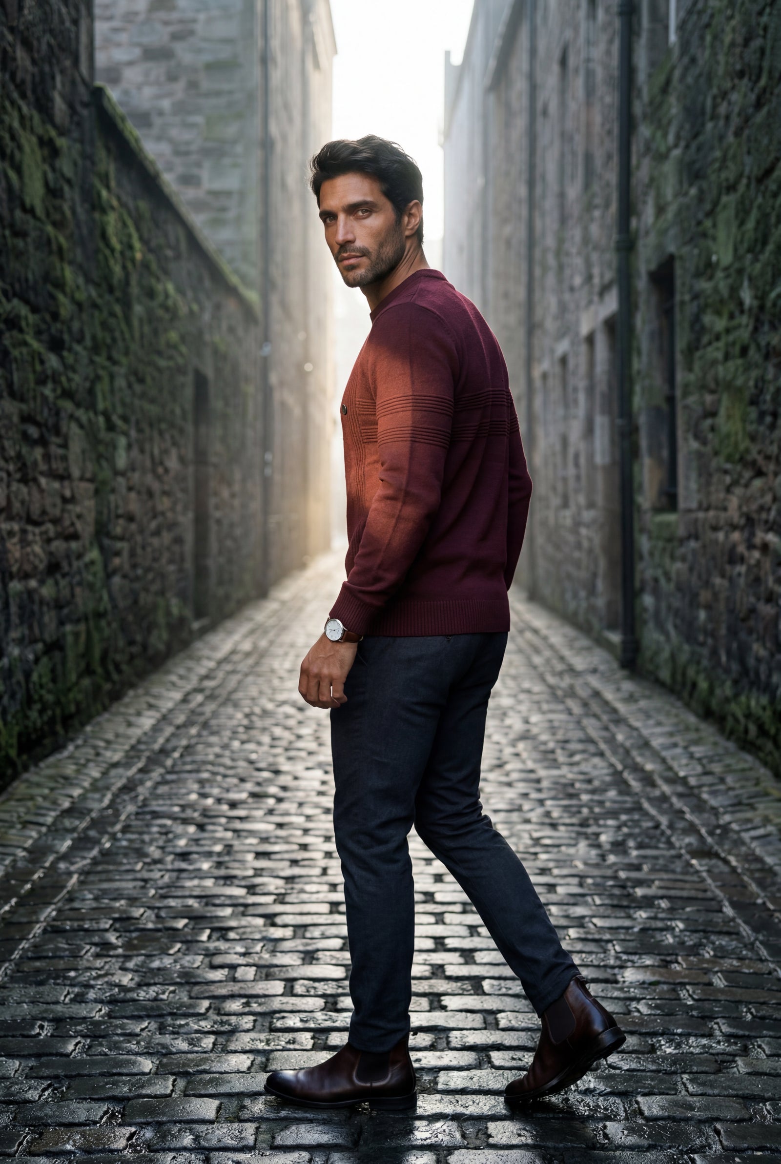 Burgundy Structured Tonal Textured Crewneck Sweater - Structured sweater - Photo 4