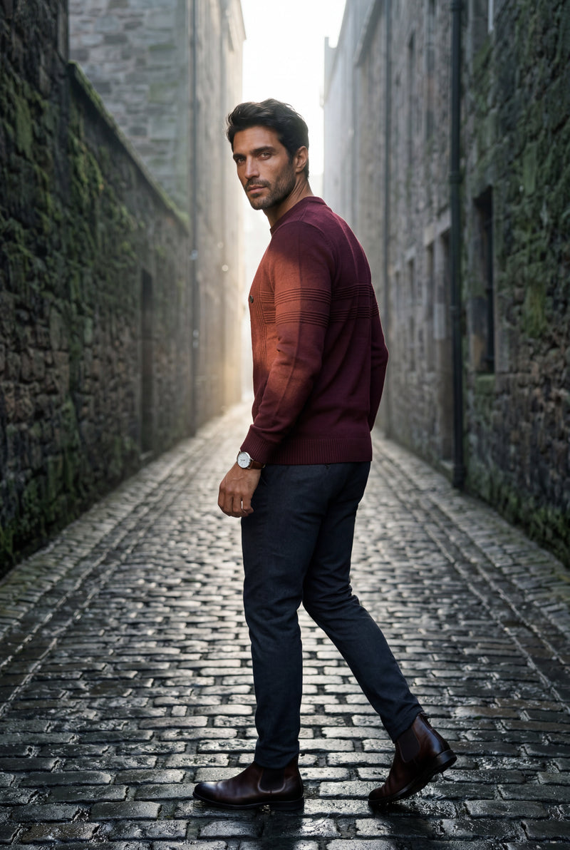 Burgundy Structured Tonal Textured Crewneck Sweater - Structured sweater - Photo 4