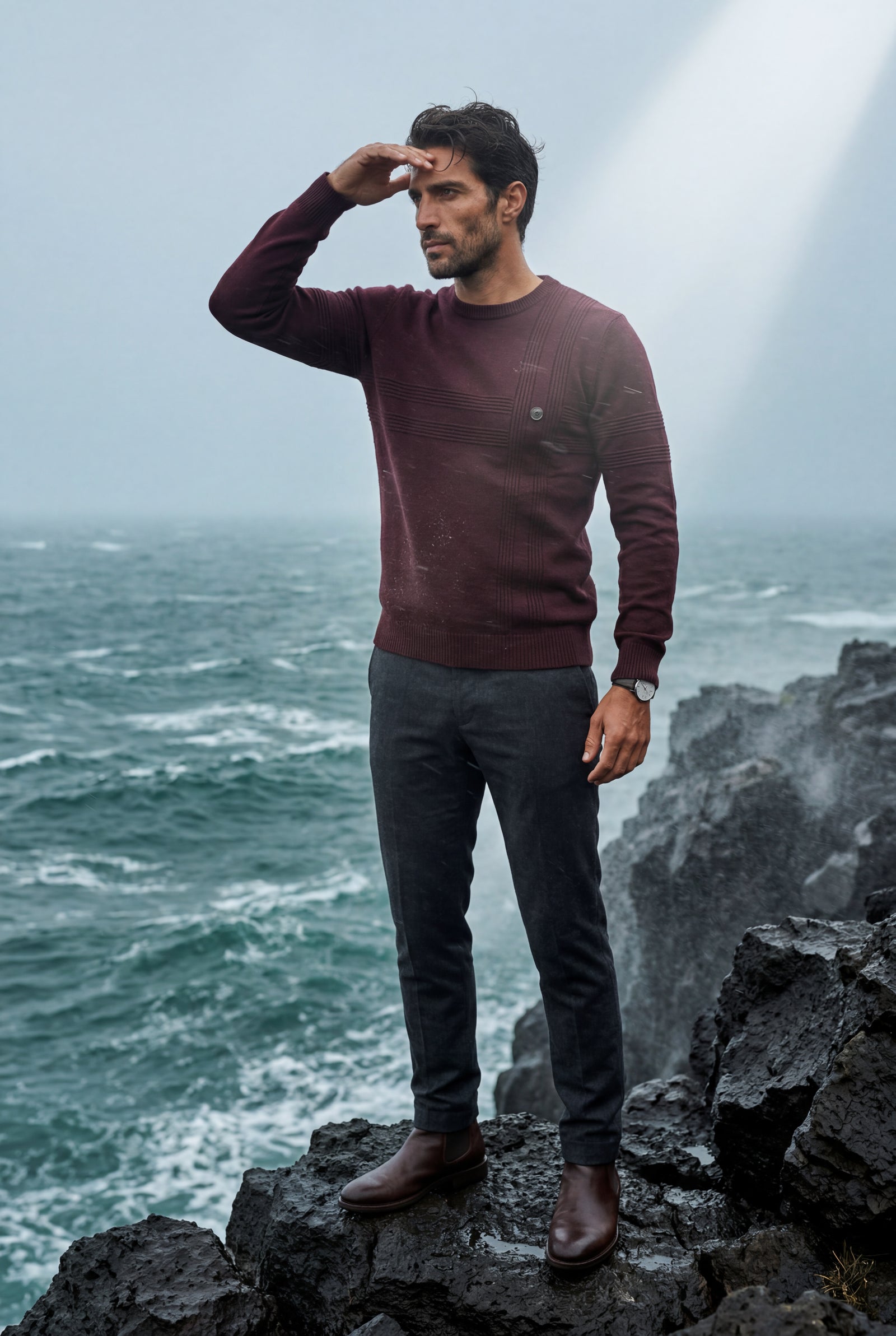 Burgundy Structured Tonal Textured Crewneck Sweater - Structured sweater - Photo 6