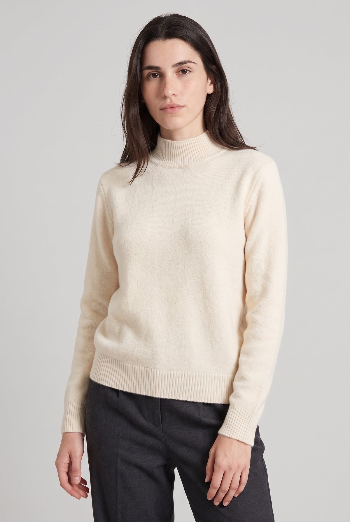 Women's Fleece-Lined Mock Neck Sweater in Apricot — studio front