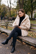 Women's Hooded Coat Tailored Fit in Apricot — lifestyle city bench