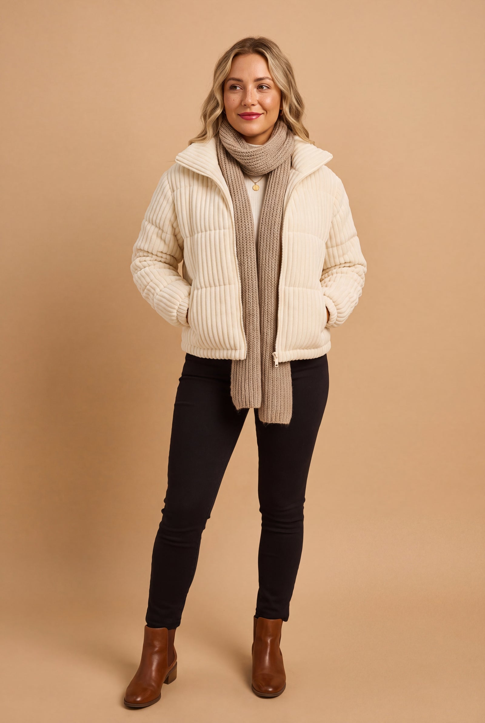 Women's Puffer Jacket Tailored Fit in Apricot — studio primary