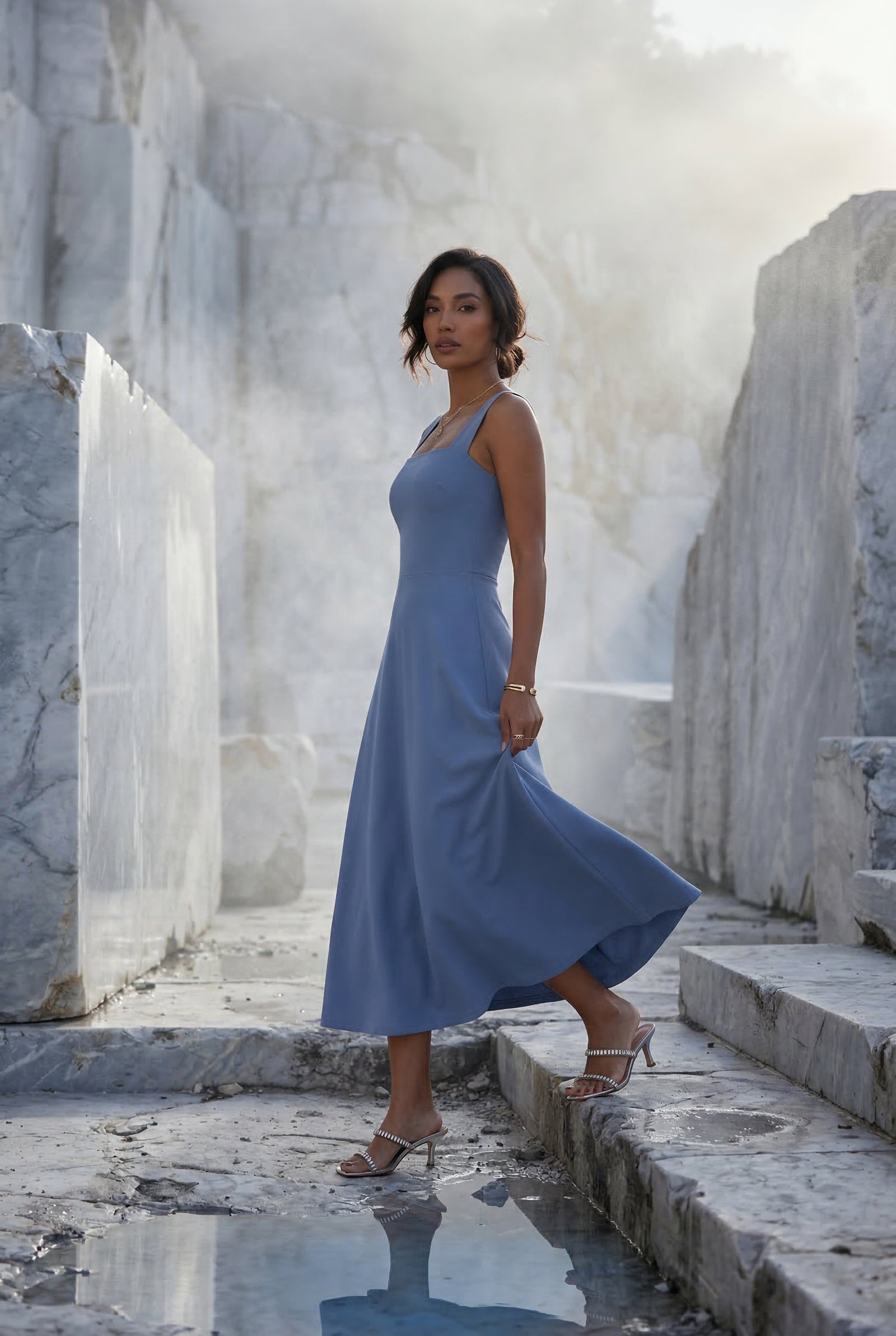 Blue Women's Square Neck Sleeveless A-Line Midi Dress - Photo 5