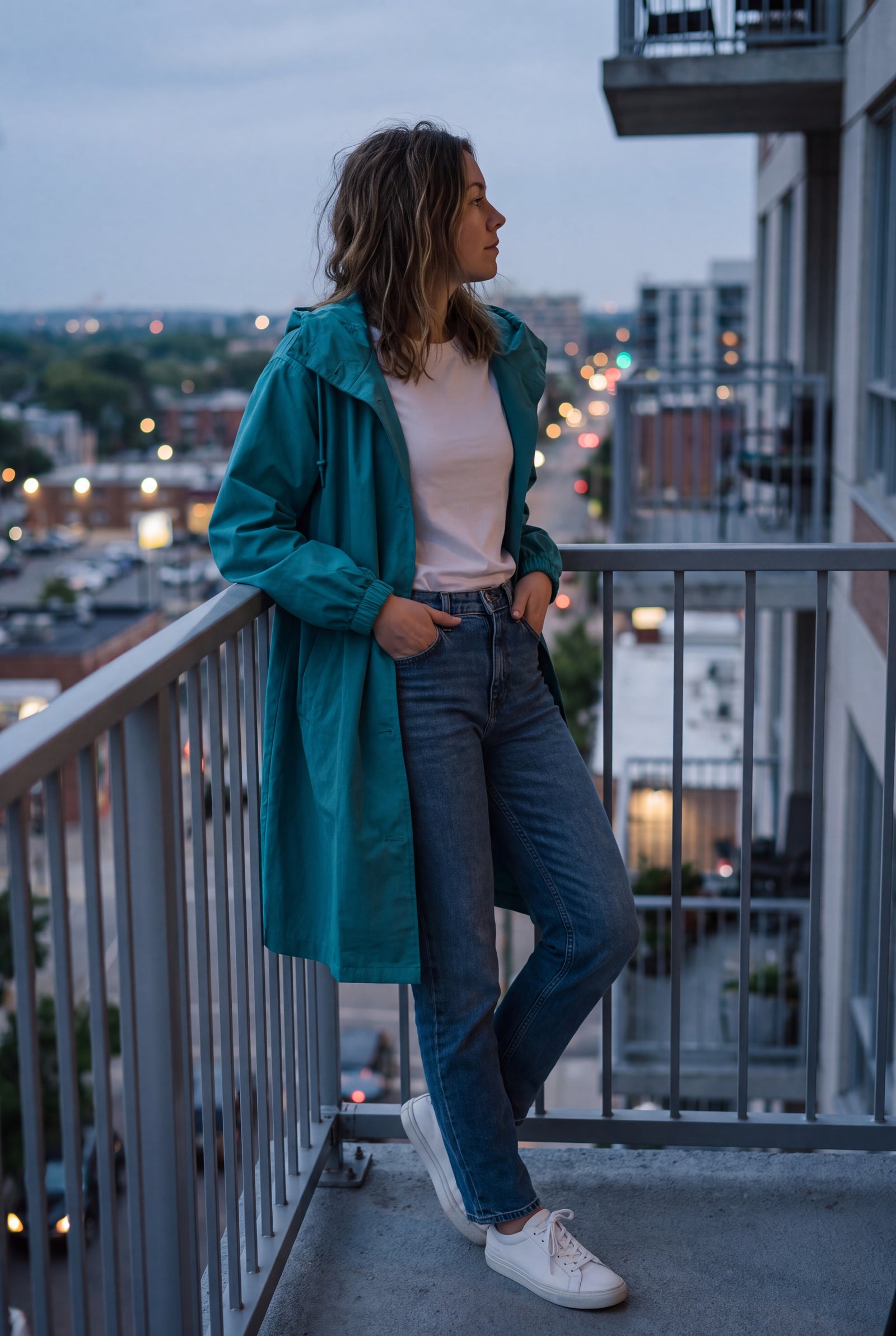 Women's Windbreaker Oversized Hooded in Aqua Blue — city apartment balcony