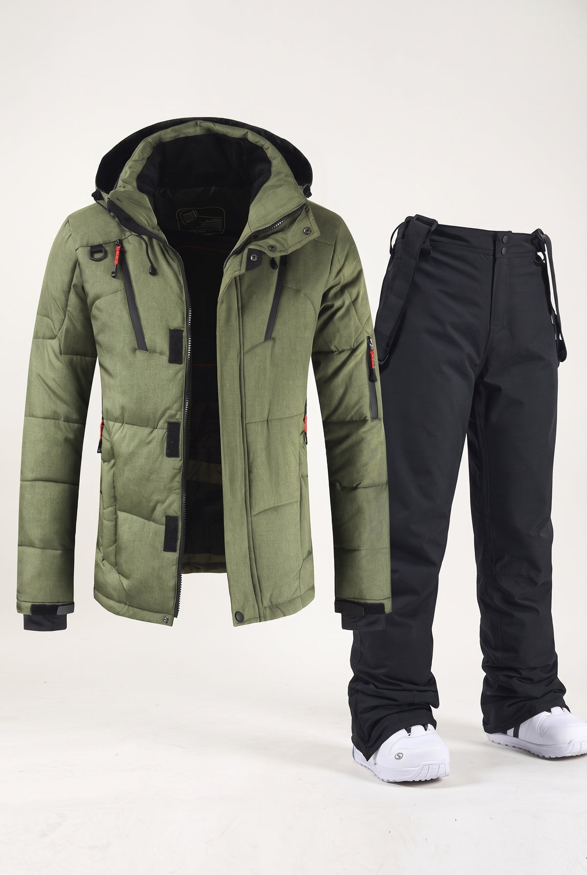 Insulated Snow Suit with Hood in Army Green and Black — studio front