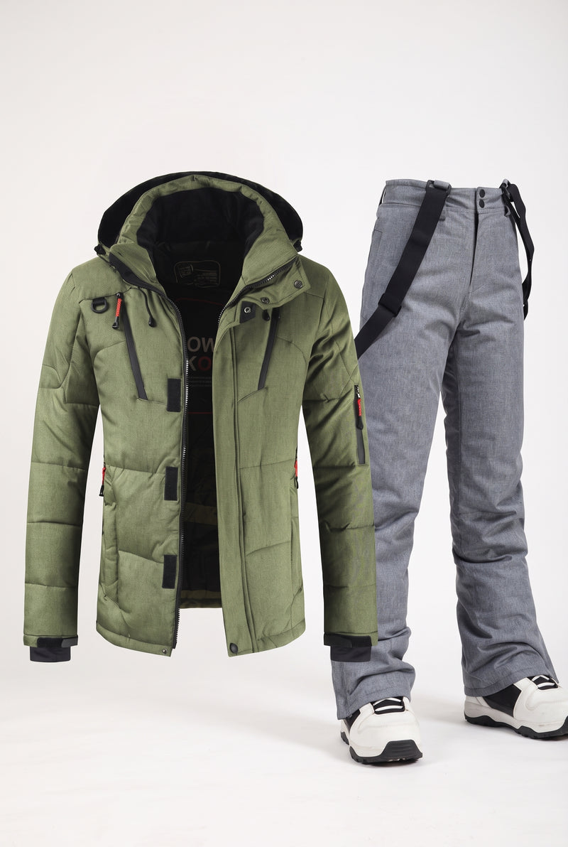 Insulated Snow Suit with Hood in Army Green and Gray — studio front