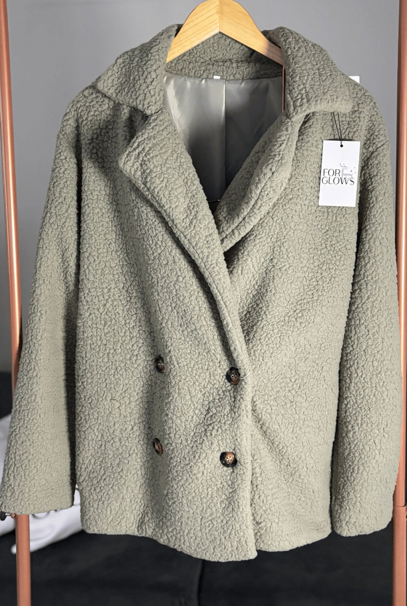 Double-Breasted Teddy Pea Coat in Army Green — front view