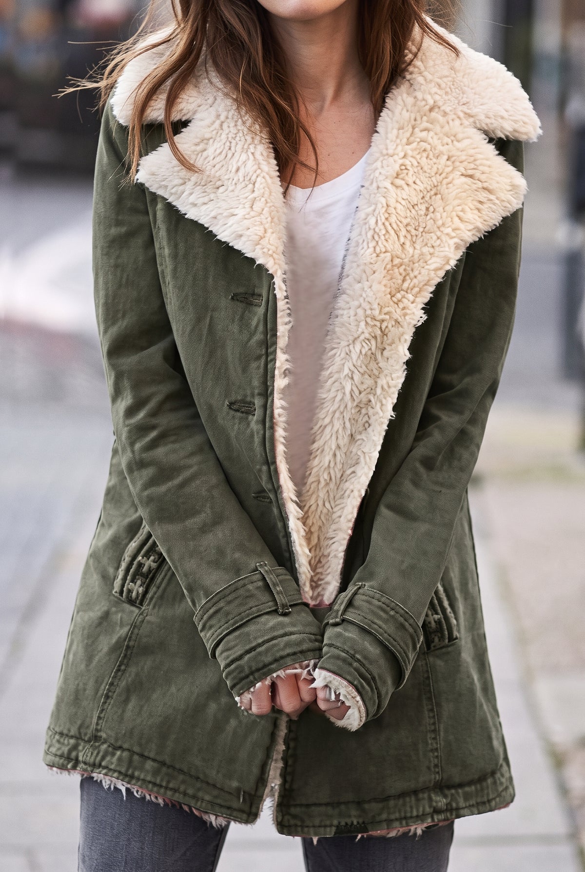 Faux-Shearling Button-Front Coat in Army Green — studio front
