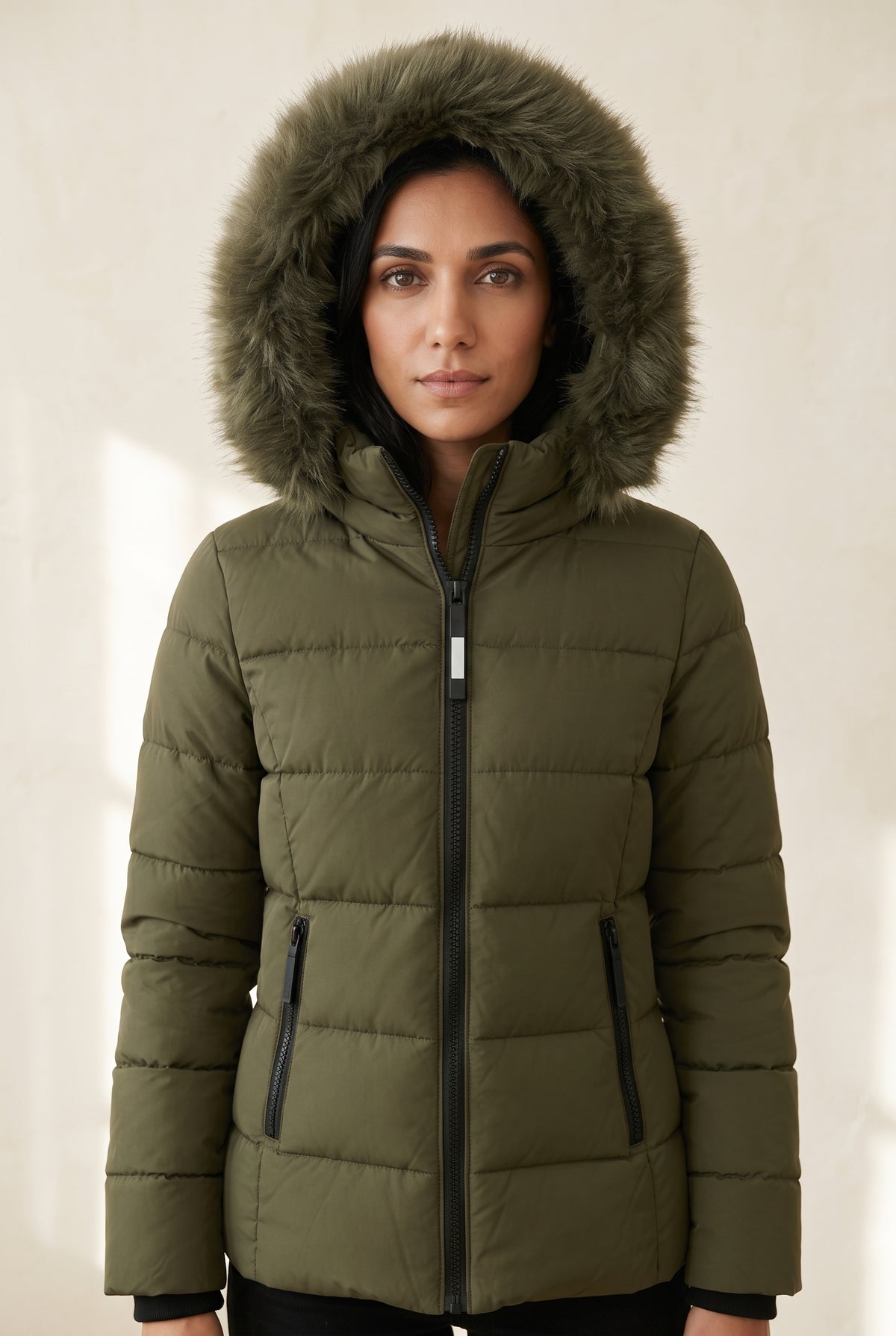 Hooded Faux-Fur Puffer Jacket in Army Green — studio front
