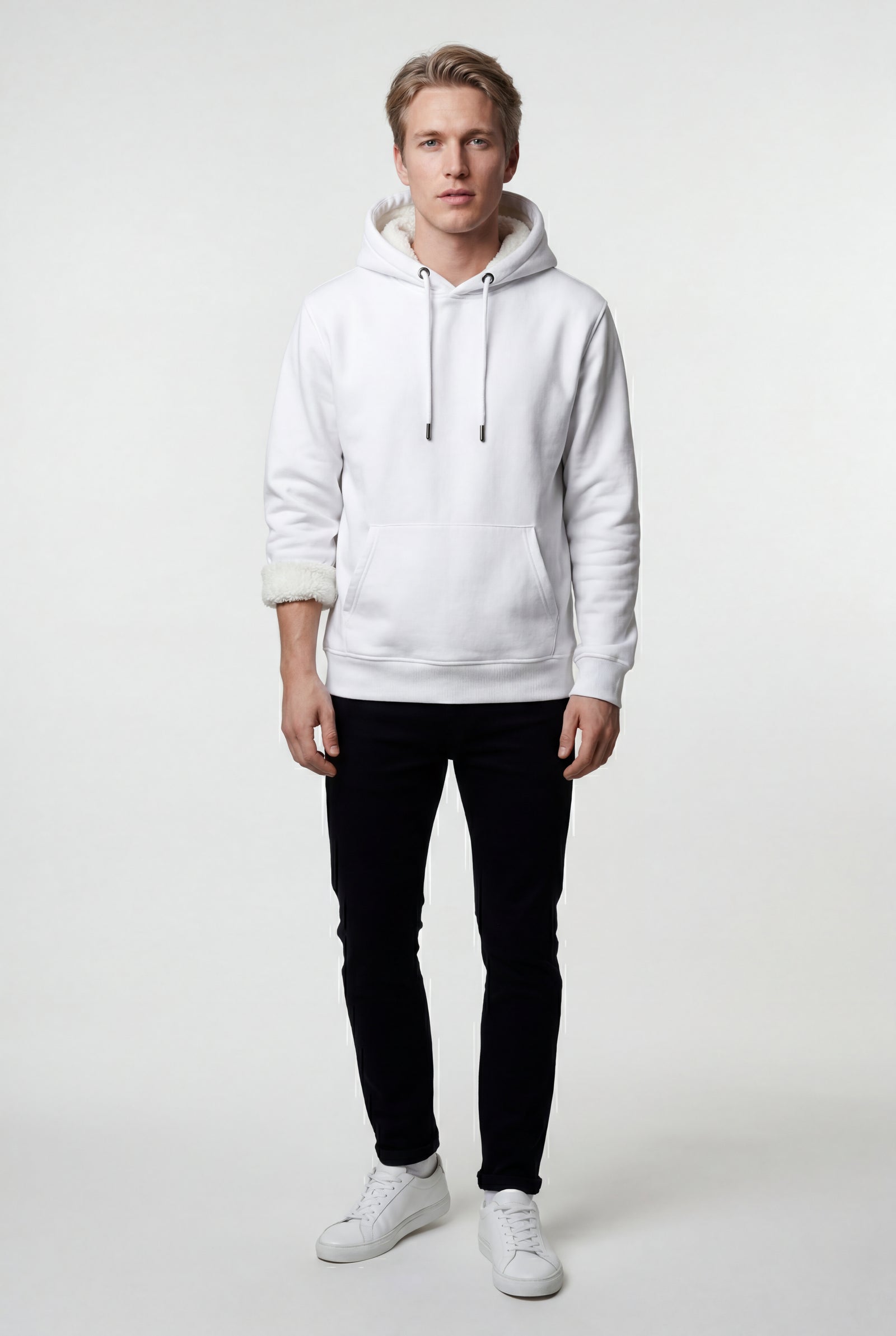 White Lined Regular Fit Pullover Pocket Hoodie - Fleece lined hoodie - Photo 24