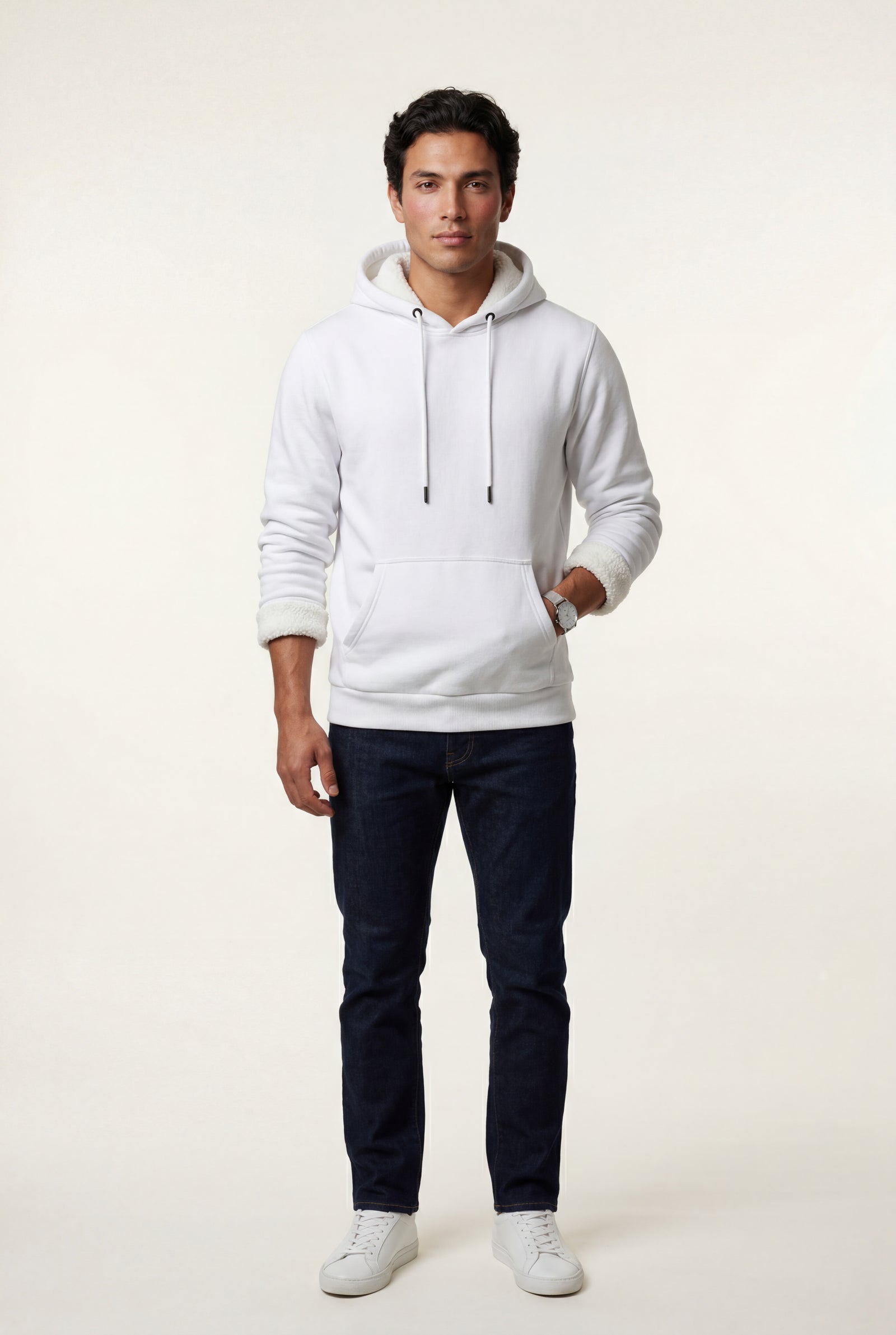 White Lined Regular Fit Pullover Pocket Hoodie - Fleece lined hoodie - Photo 46