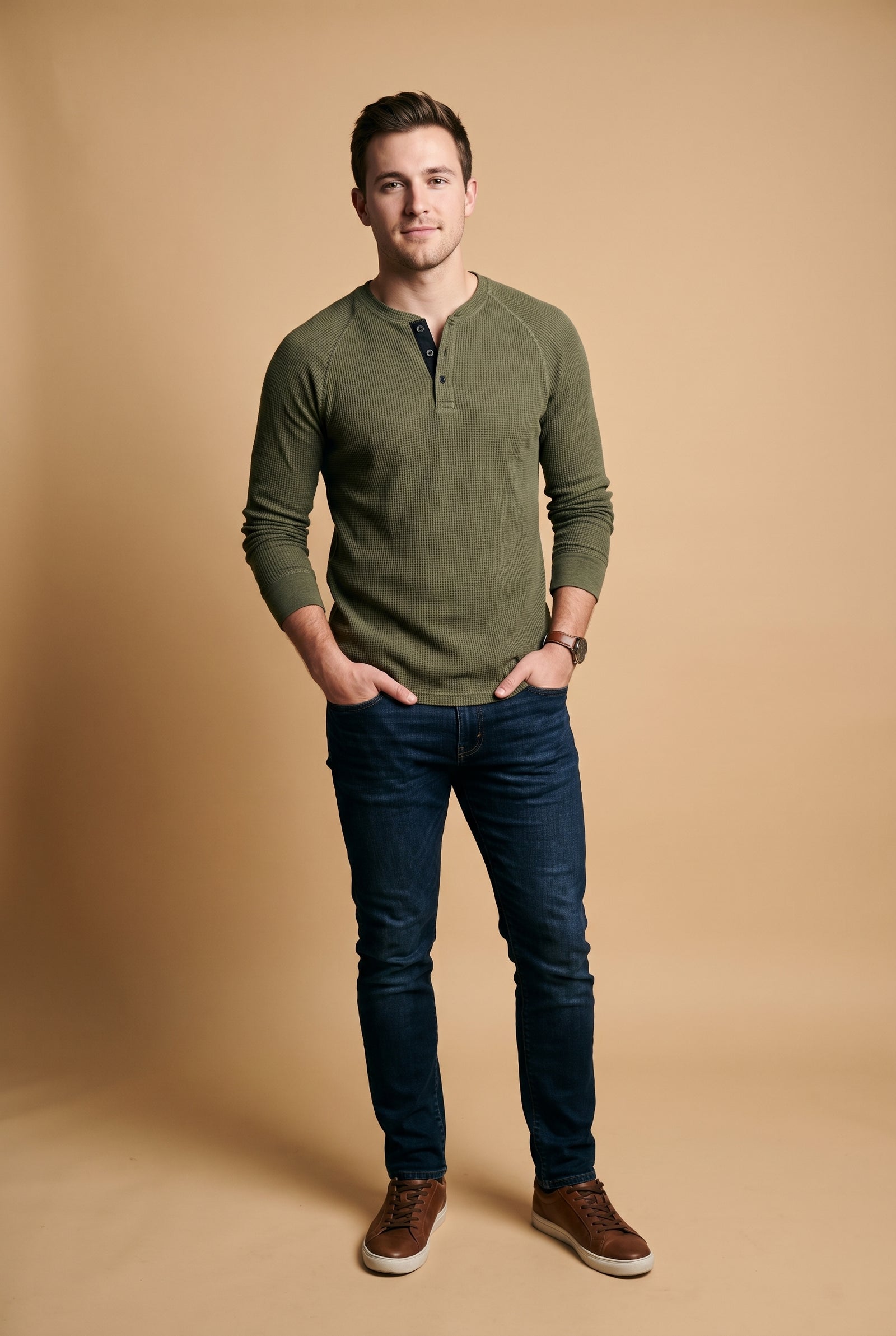 Men's Henley Shirt Long Sleeve Button Placket in Army Green — studio front