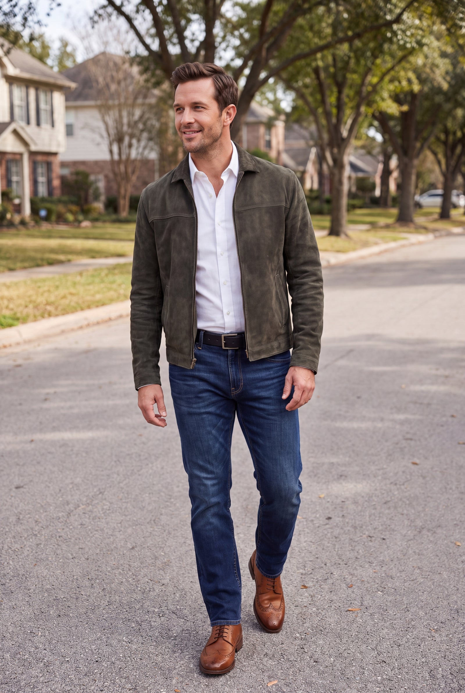 Men's Jacket Classic Fitted Zipper in Army Green — ugc candid snapshot