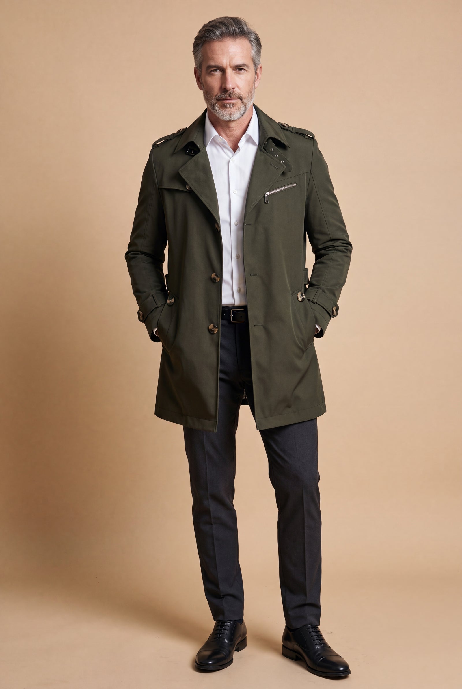 Men's Trench Coat Double Breasted in Army Green — studio primary