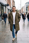 Men's Trench Coat Hooded Long in Army Green — city walk
