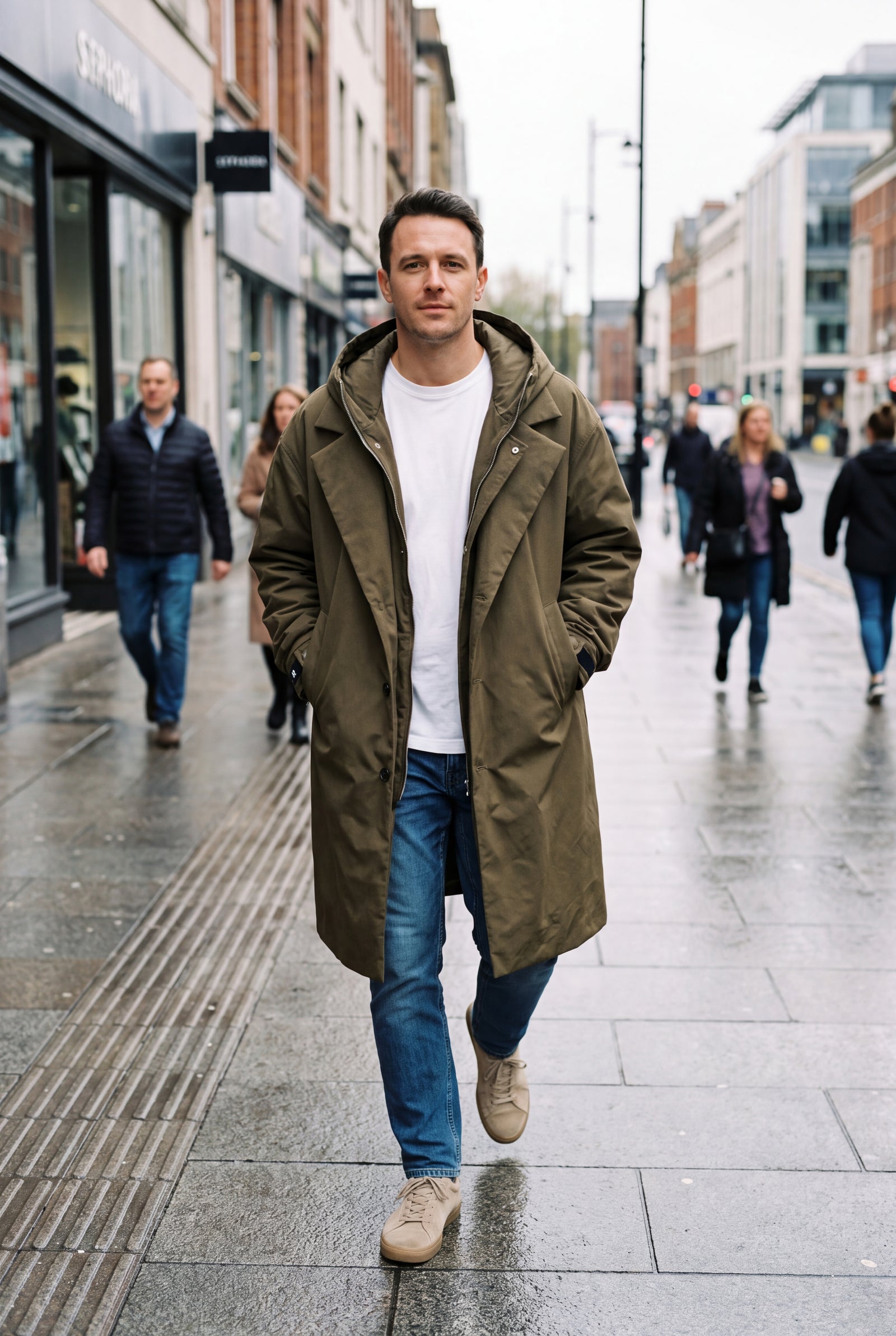 Men's Trench Coat Hooded Long in Army Green — city walk