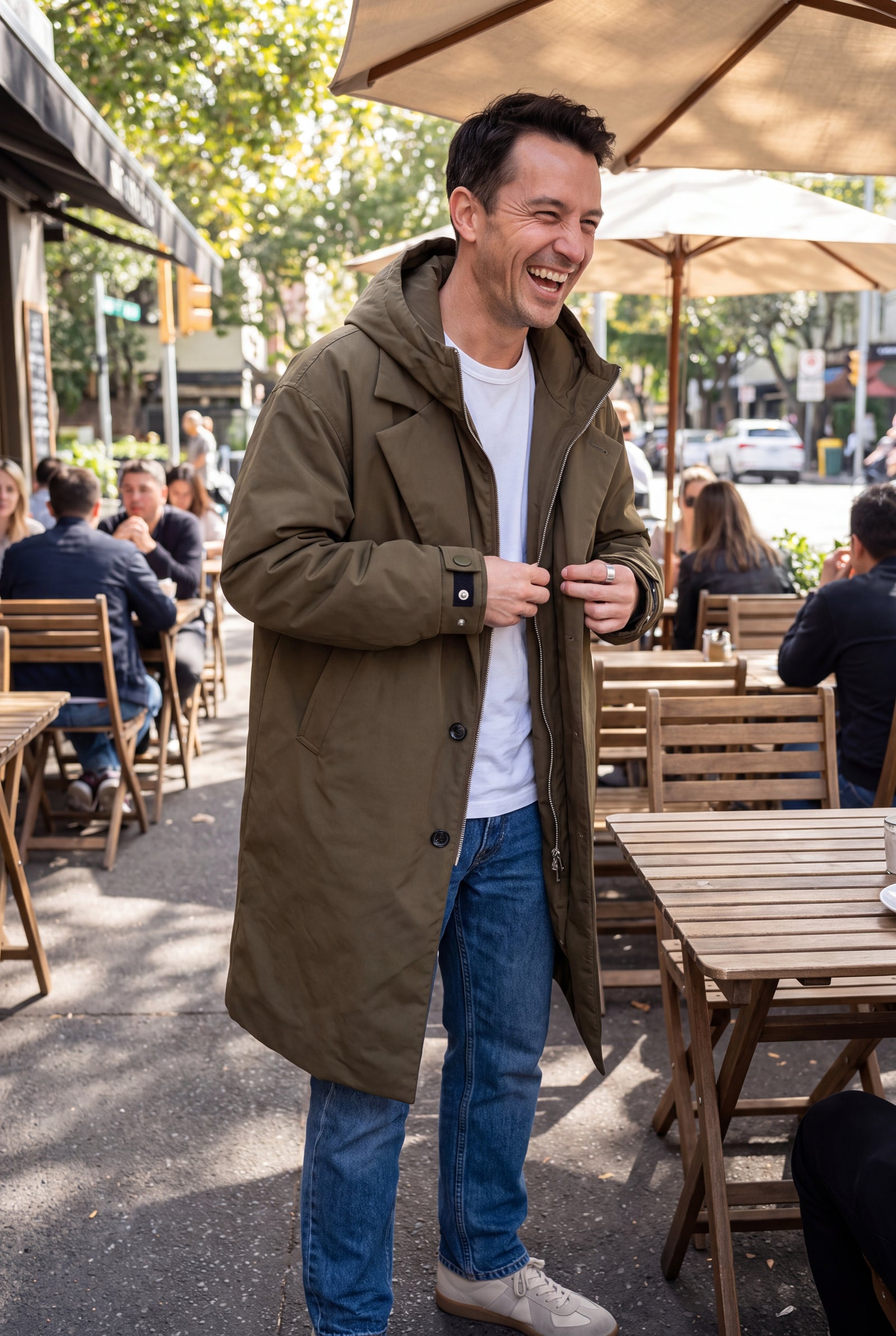 Men's Trench Coat Hooded Long in Army Green — friend snapshot