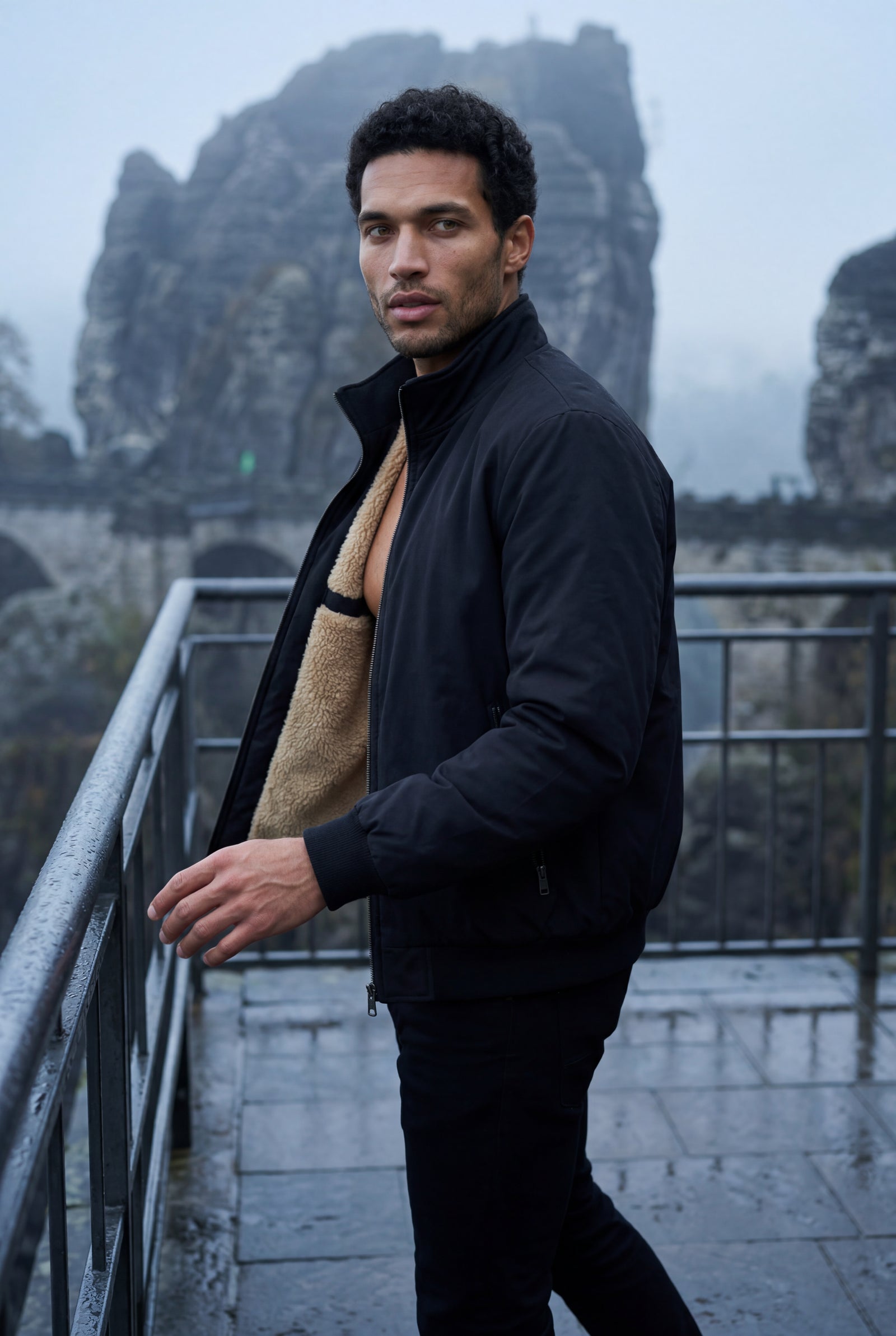 Black Stand Collar Zip-front Classic Bomber Jacket - Photo 11