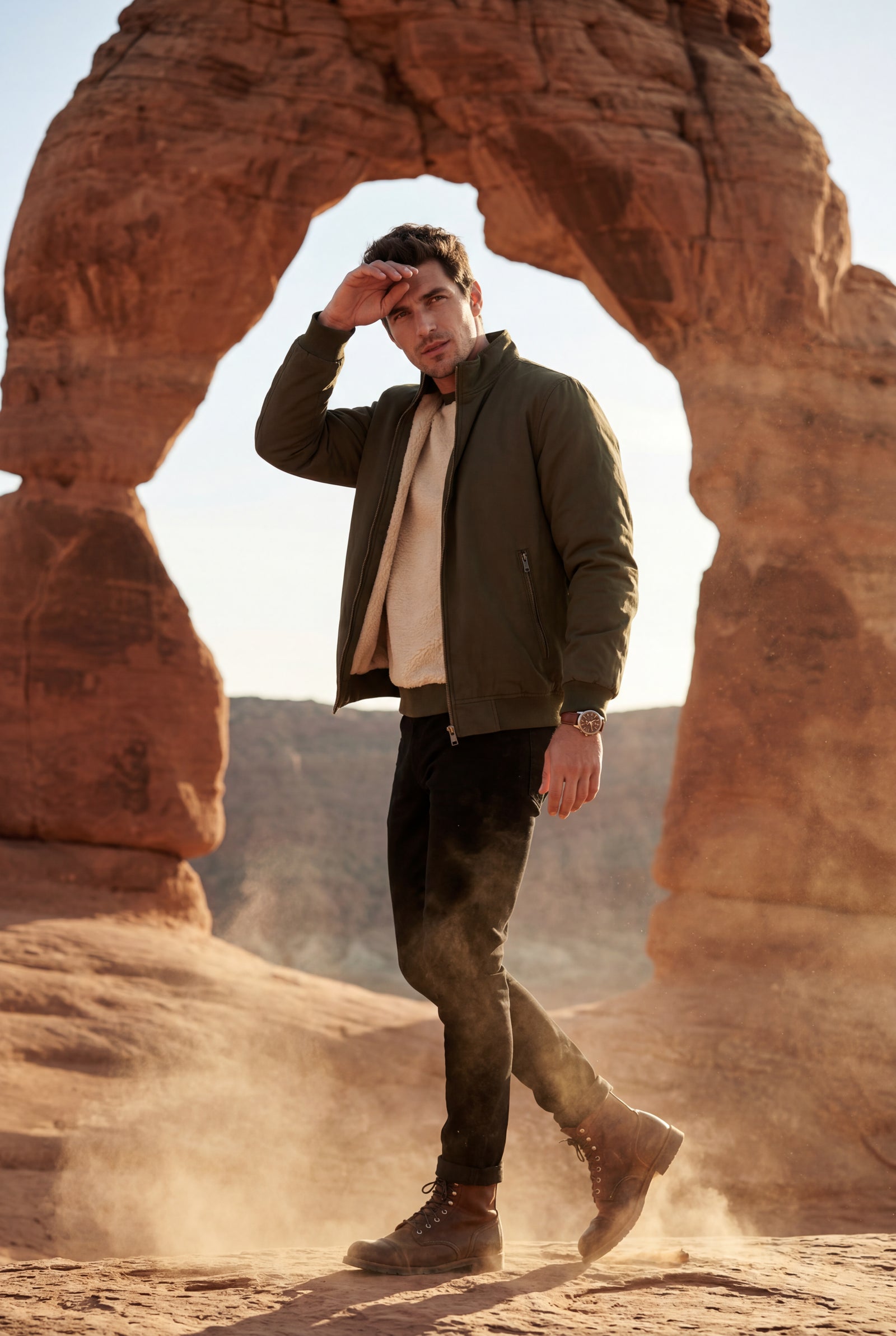 Army Green Stand Collar Zip-front Classic Bomber Jacket - Photo 13