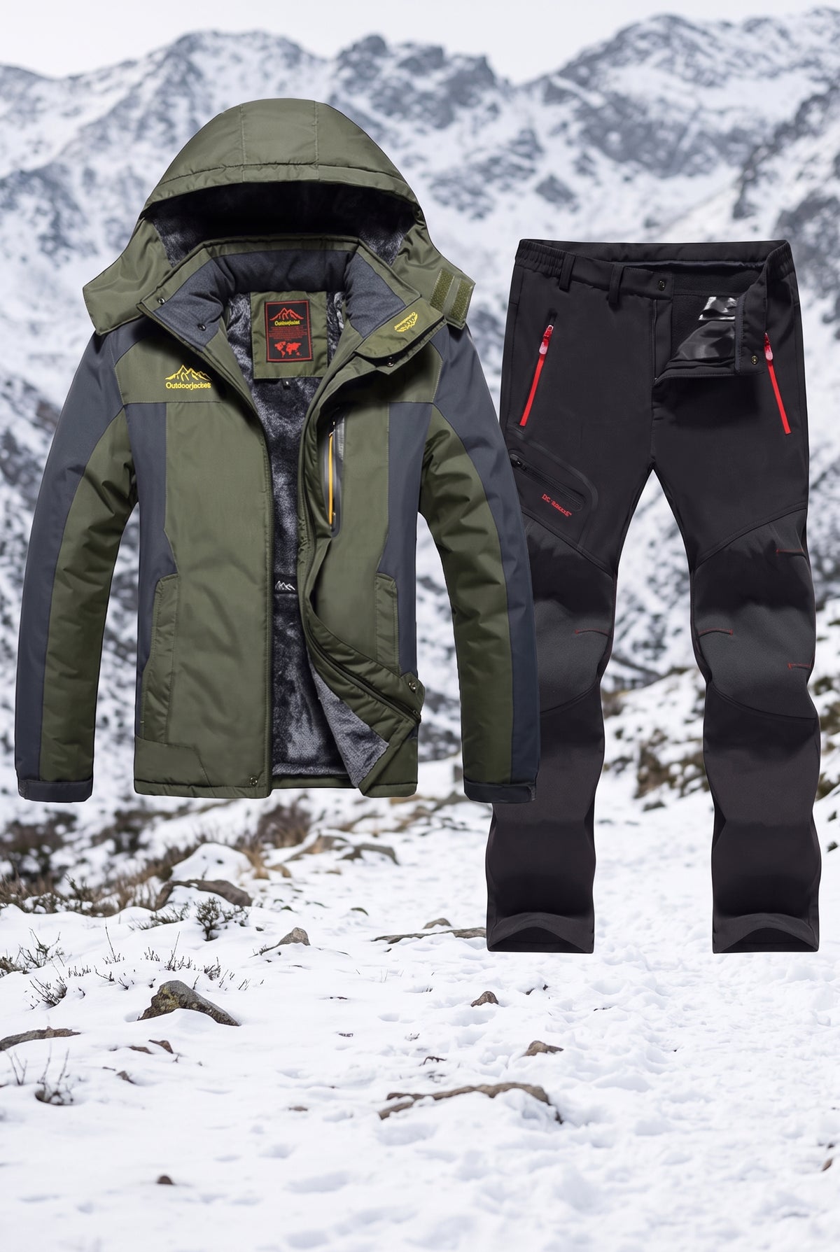 Technical Fabric Snow Suit in Army Green — studio front