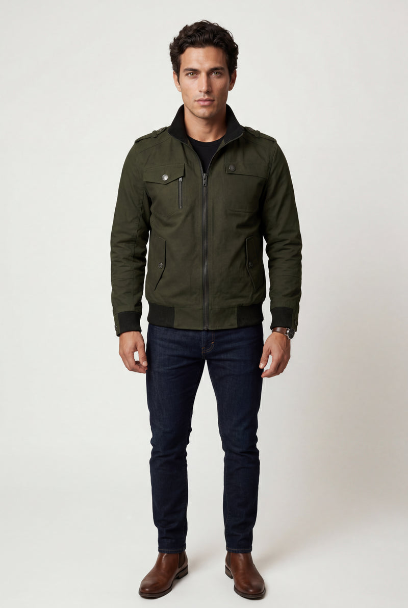 Army Green Utility Zip Pocket Bomber Jacket with Epaulettes - Photo 1