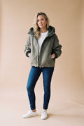 Women's Hooded Jacket Zipper Closure in Army Green — studio full body