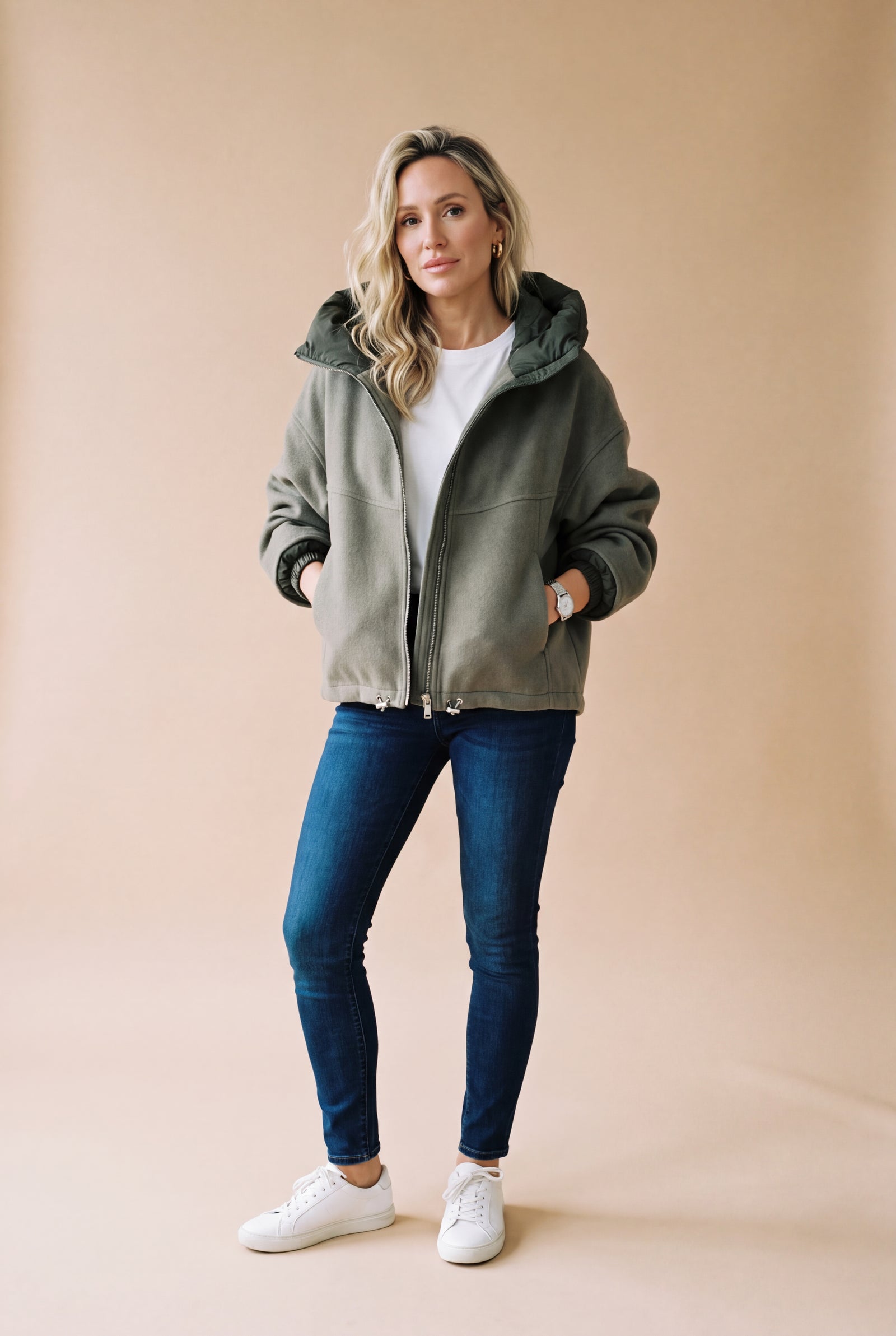 Women's Hooded Jacket Zipper Closure in Army Green — studio full body