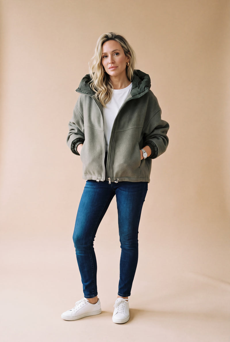 Women's Hooded Jacket Zipper Closure in Army Green — studio full body