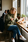 Women's Hoodie Oversized Zipper in Army Green — cafe lifestyle