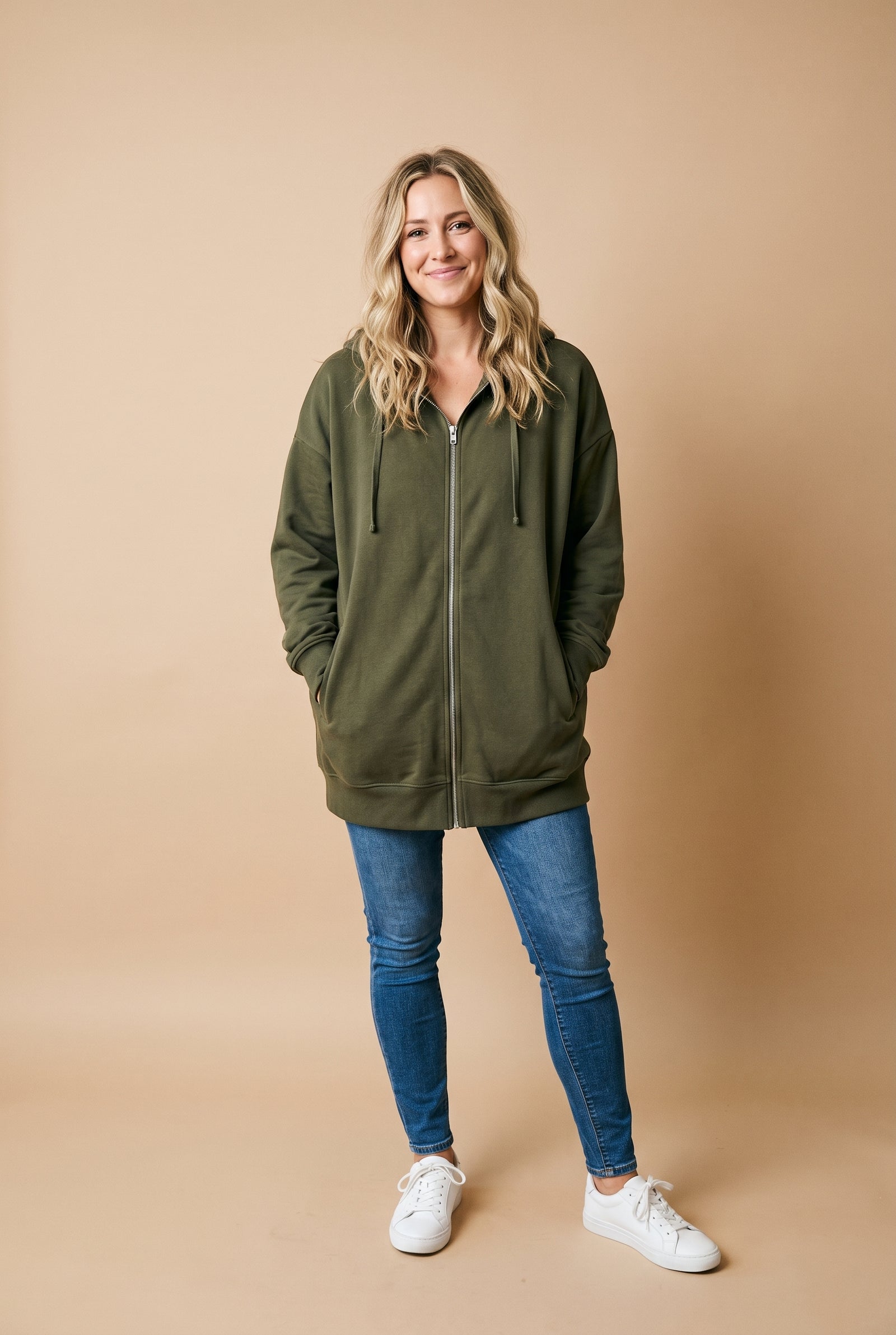 Women's Hoodie Oversized Zipper in Army Green — studio