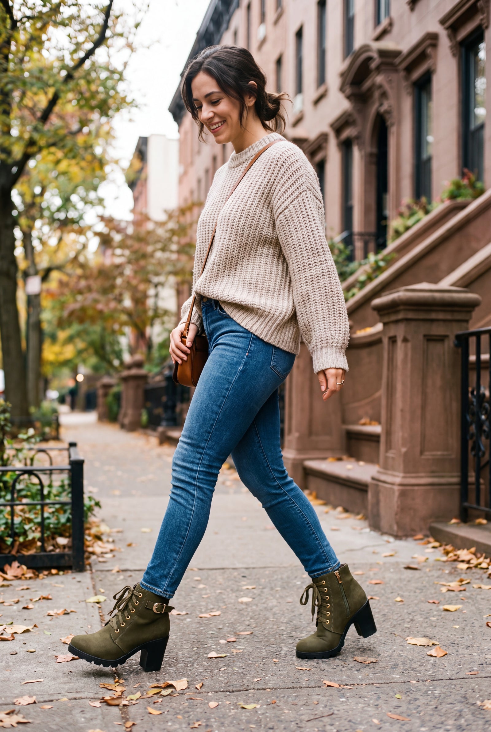 Women's Lace-Up Boots Buckle Detail in Army Green — lifestyle walking