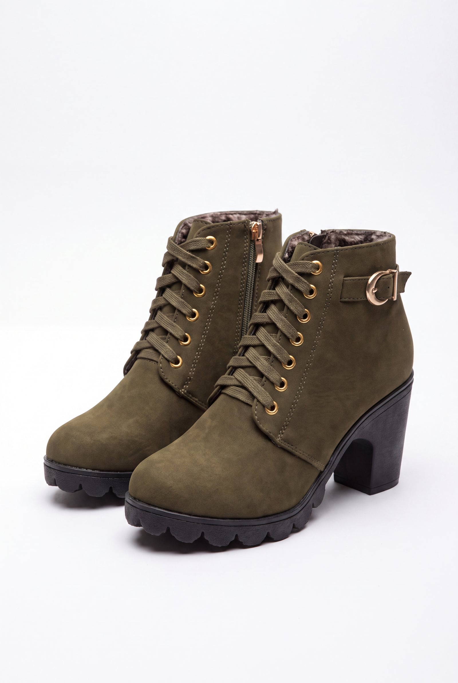 Women's Lace-Up Boots Buckle Detail in Army Green — product packshot