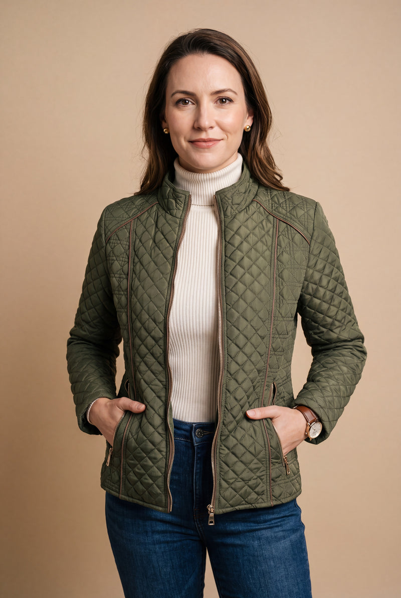 Women's Quilted Jacket Stand Collar in Army Green — primary studio