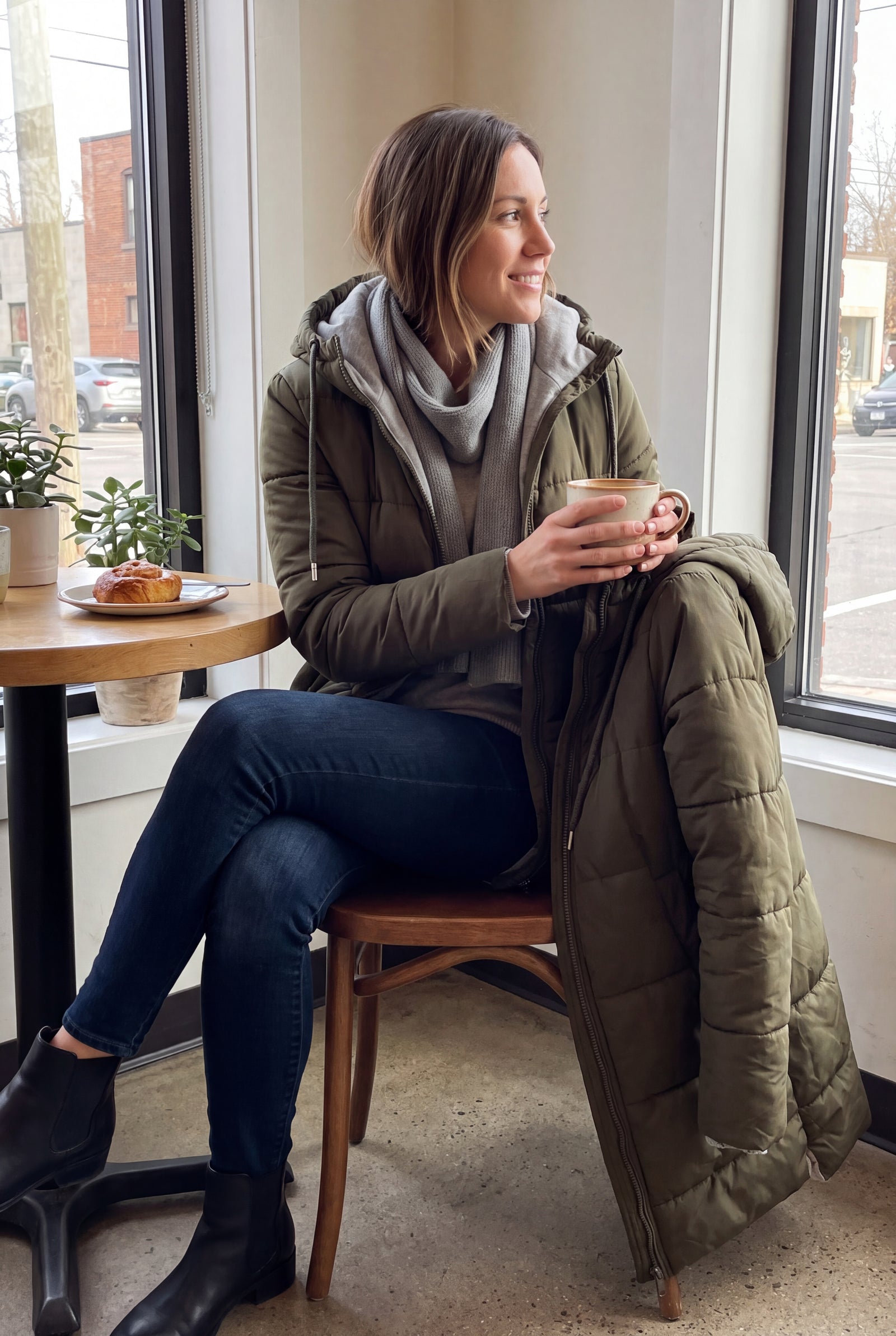 Women's Winter Coat Adjustable Hood in Army Green — coat lifestyle