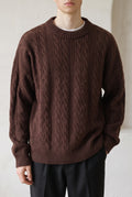 Cable-Knit Crewneck Sweater in Ash Beige — studio front