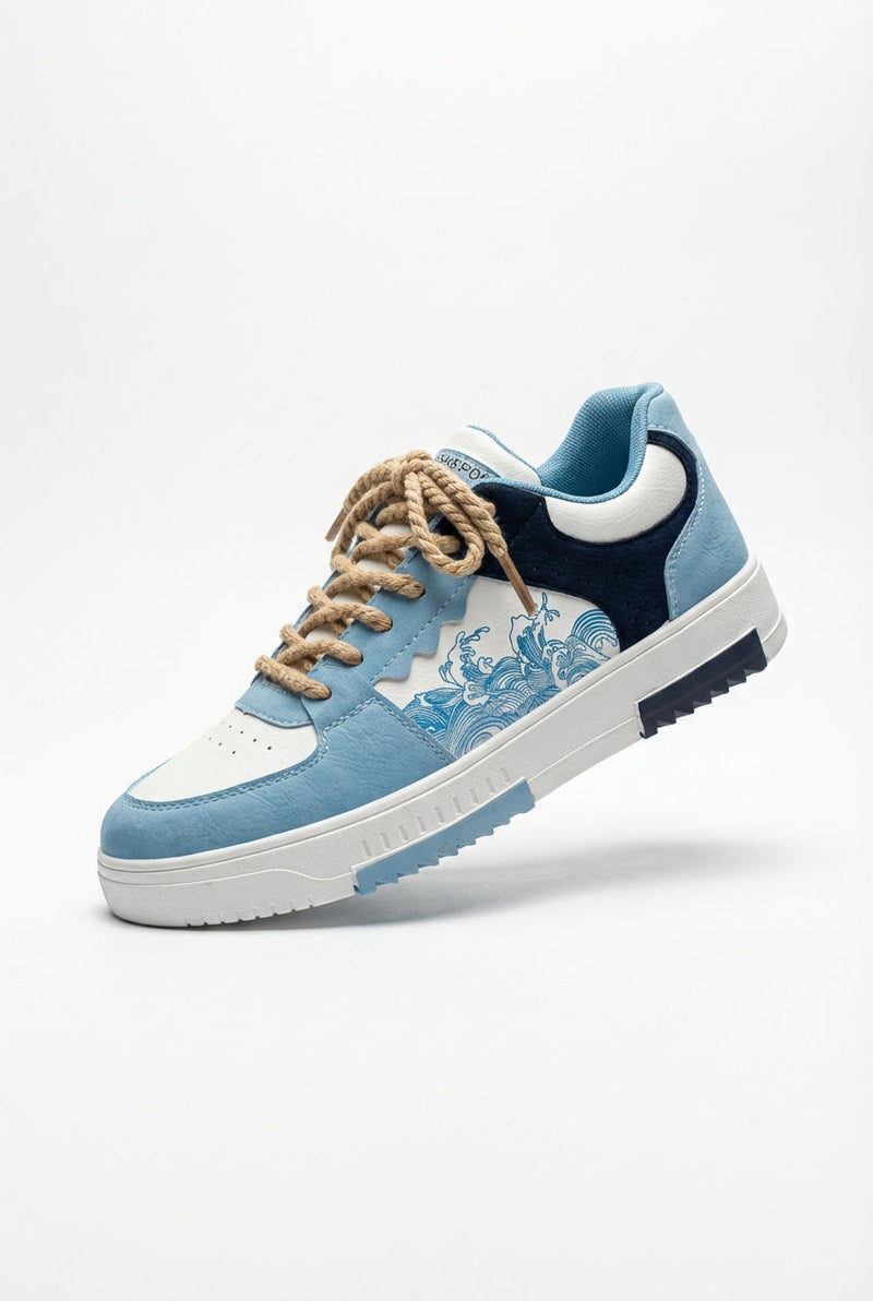 Baby Blue Artistic Wave Print Rope Lace Low-top Sneakers - Photo 1