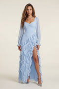 Baby Blue Asymmetric Ruffle Maxi Dress with High Slit - Photo 3
