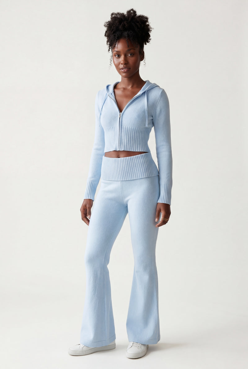Baby Blue Ribbed Cropped Hoodie and Flared Pants Lounge Set - Cardigan and pants - Photo 4