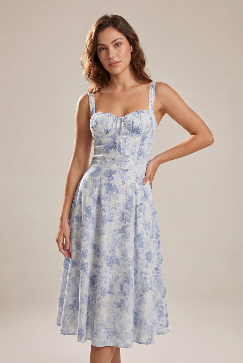 Baby Blue Sweetheart Neckline Floral A-line Midi Dress - Wedding guest dress - Photo 1