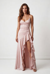 Baby Pink Cowl Neck Ruffle Evening Gown with Cross-back Straps - Photo 1
