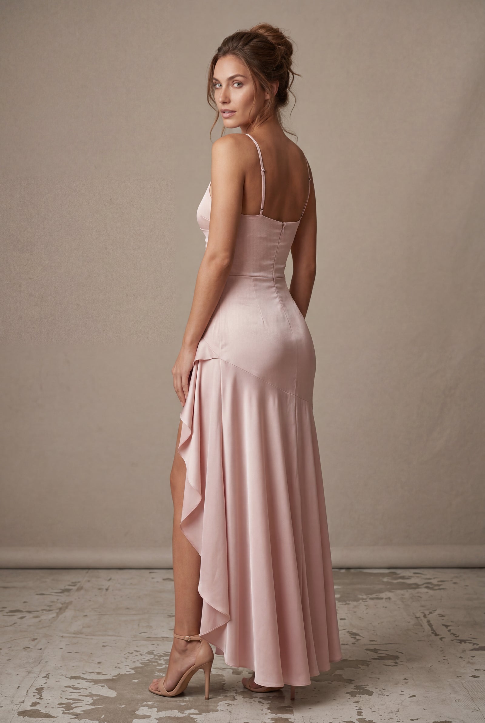 Baby Pink Cowl Neck Ruffle Evening Gown with Cross-back Straps - Photo 2