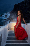 Red Cowl Neck Ruffle Evening Gown with Cross-back Straps - Photo 8