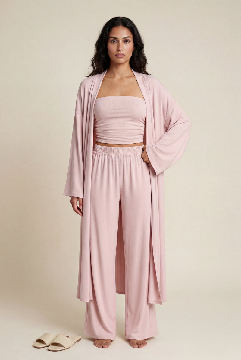 Baby Pink Drapey Three-piece Bandeau Loungewear Set with Duster Cardigan - Photo 3